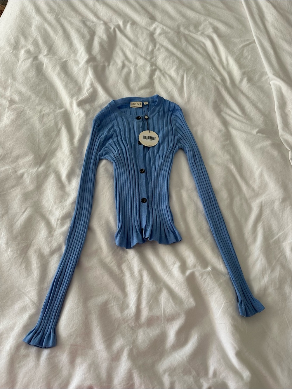 VRG GRL blue ribbed cardigan top with long sleeves and black buttons NWT Size XS